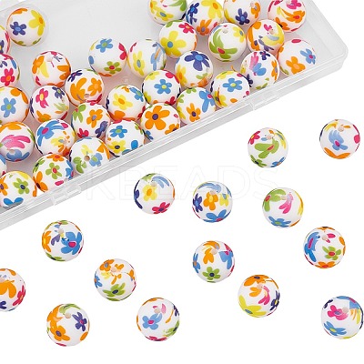 50Pcs Round with Flower Food Grade Eco-Friendly Silicone Beads SIL-AN0001-03-1