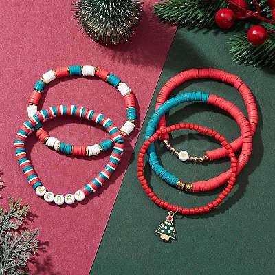 5Pcs 5 Styles Christmas Handmade Polymer Clay Beaded Stretch Bracelets Sets BJEW-TA00489-1