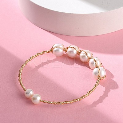 Natural Pearl Beaded Cuff Bangles BJEW-JB09416-1
