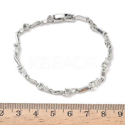 Brass Micro Pave Clear Cubic Zirconia Heart & Twist Link Chain Bracelets for Women BJEW-G764-06P-1