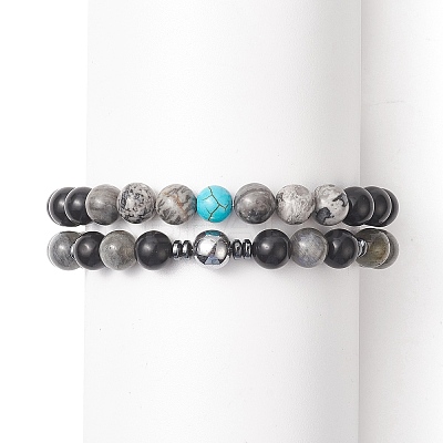 Natural Black Stone & Picasso Jasper & Labradorite & Synthetic Turquois & Non-Magnetic Synthetic Hematite Beaded Stretch Bracelets Sets for Women BJEW-JB09279-1