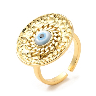 Rack Plating Brass Flat Round Open Cuff Rings with Shell Evil Eye  RJEW-D008-05G-1