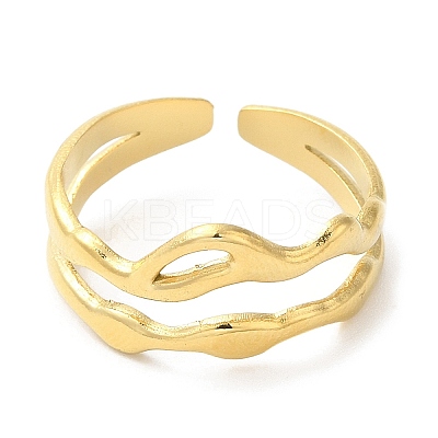 304 Stainless Steel Hollow Wave Open Cuff Ring for Women RJEW-I098-03G-1