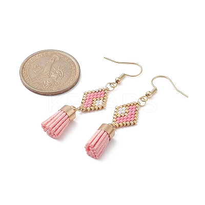 Seed Beaded Rhombus with Tassel Dangle Earrings EJEW-MZ00080-01-1