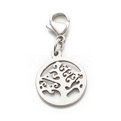 Tarnish Resistant Round Ring with Tree 304 Stainless Steel Filigree Pendant Decorations HJEW-JM00573-01-1