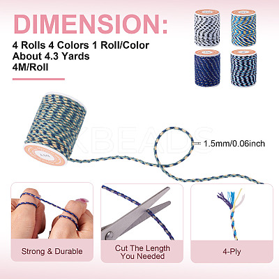 4 Rolls 4 Colors 4-Ply Polycotton Cord with Metallic Thread OCOR-TA0003-06B-1