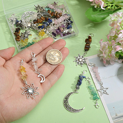 28Pcs 7 Styles Handmade Lampwork & Natural Tiger Eye & Green Aventurine & Quartz Crystal & Rose Quartz & Lapis Lazuli & Amethyst Chip Beaded Pendant Decoration HJEW-CA00056-1