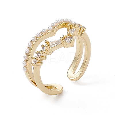 Clear Cubic Zirconia Crown Open Cuff Ring with Plastic Pearl Beaded RJEW-G276-13G-1