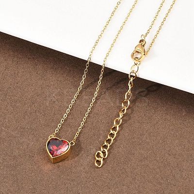 304 Stainless Steel Pave Cubic Zirconia/Glass Heart Pendant Necklaces NJEW-H088-06G-1