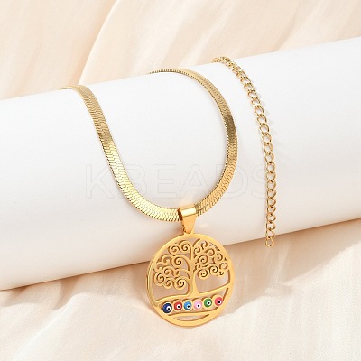 Tree of Life & Evil Eye 201 Stainless Steel Herringbone Chains Pendant Necklaces NJEW-K253-34G-1