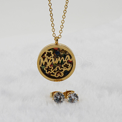 Mother's Day Flat Round with Flower & Word Mama Stainless Steel with Cubic Zirconia Pendant Necklaces & Stud Earring Sets WG8ED63-02-1