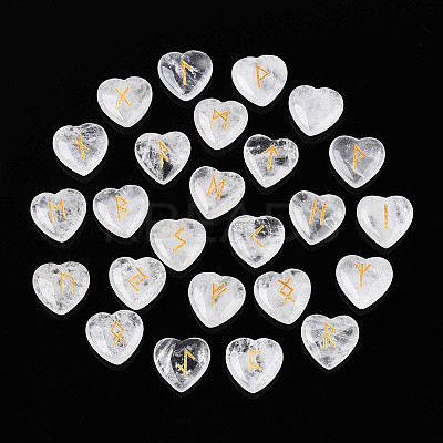 25Pcs Natural Quartz Crystal Heart Rune Stones with Elder Futhark Alphabet Engraved G-T144-02C-1