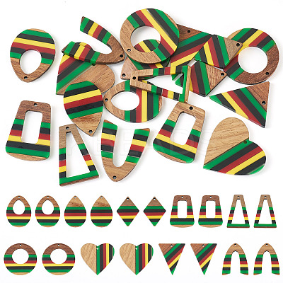 18Pcs 9 Styles Jamaican Colour Epoxy Resin & Walnut Wood Pendants RESI-TA0003-87-1