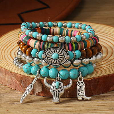 5Pcs Synthetic Turquoise & CCB & Wood & Polymer Clay Beaded Stretch Bracelets FS-WGC8DBE-12-1