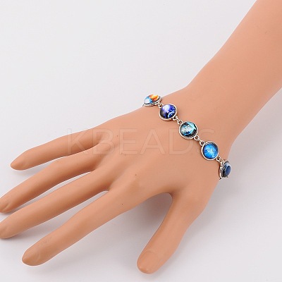 Tibetan Style Alloy Starry Sky Printed Glass Link Bracelets X-BJEW-JB01675-1