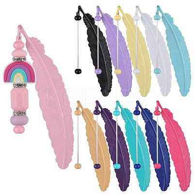 11Pcs 11 Colors Spray Printed Alloy Feather Pendant Bookmarks AJEW-SZ0002-64-1