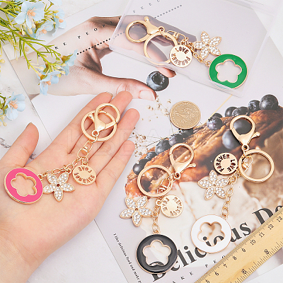 4Pcs 4 Colors Rhinestone Enamel Flower Pendant Keychain with AlloyCharm KEYC-GL0001-08-1