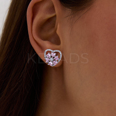 Rhodium Plated 925 Sterling Silver Rotating Heart Stud Earrings EJEW-L270-01P-1