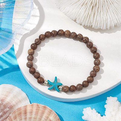 Summer Beach Starfish Dyed Synthetic Turquoise & 6mm Round Wenge Wood Beaded Stretch Bracelets for Women BJEW-JB10514-01-1