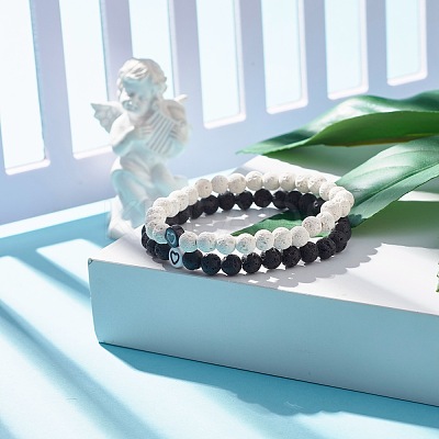 2Pcs 2 Style Natural Lava Rock(Dyed) Round Beaded Stretch Bracelets Set with Heart BJEW-JB07579-1
