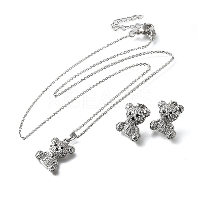 Bear Brass Micro Pave Cubic Zirconia Stud Earrings & Pendant Necklaces Sets SJEW-Z002-01P-1