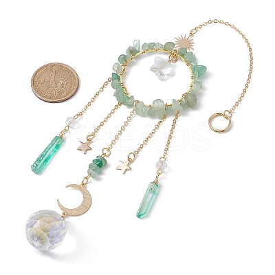 Natural Green Aventurine Chip Pendant Decorations with Brass Moon & Cable Chain & Electroplated Quartz Crystal Tassel HJEW-JM01650-01-1