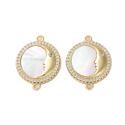 Brass Micro Pave Cubic Zirconia Flat Round with Moon Face Connector Charms KK-U070-07G-1