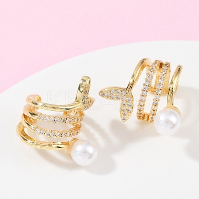 Fishtail Brass Micro Pave Clear Cubic Zirconia Cuff Earrings EJEW-Z111-04G-01-1