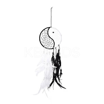 Yin Yang Woven Net/Web with Feather Pendant Decoration HJEW-I012-01-1