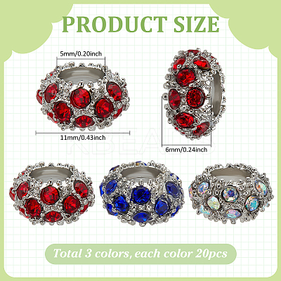 60Pcs 3 Colors Alloy Rhinestone European Beads CPDL-PH0001-11-1