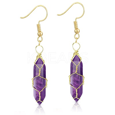 Amethyst Hexagon Handmade Copper Wire Wrapped Earrings Natural Stone Column Earrings ND6138-3-1