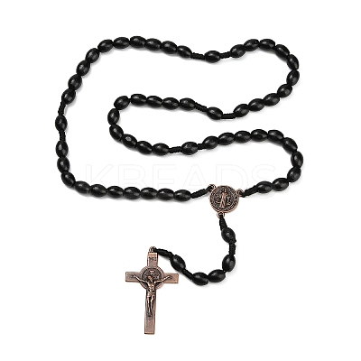 Oval Wood Rosary Bead Necklaces NJEW-C108-01-1