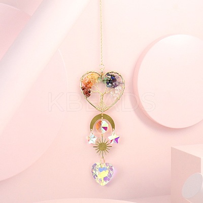 Wire Wrapped Natural Mixed Gemstone Tree of Life Pendant Decorations HJEW-K046-06G-02-1