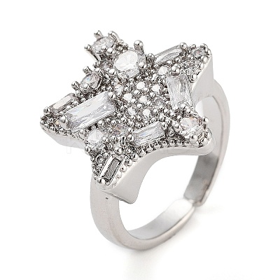 Rack Plating Brass Micro Pave Cubic Zirconia Star Open Cuff Rings for Women RJEW-C080-08P-1