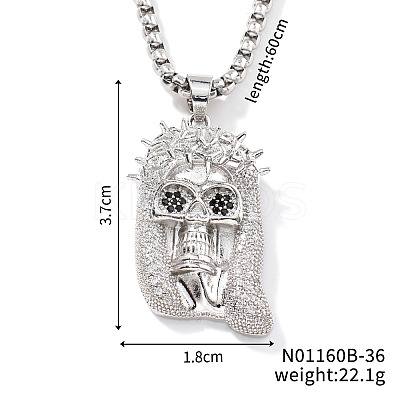 Brass Crystal Rhinestone Skull Crowned Jesus Pendant Box Chain Necklaces PU6252-2-1