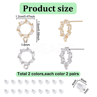 8Pcs 2 Colors Donut Shape Brass Cubic Zirconia Stud Earring Findings AJEW-GO0001-47-1