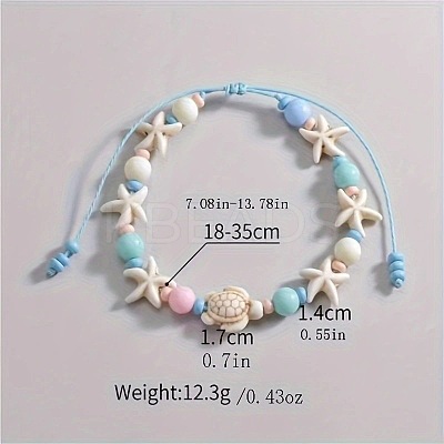 Bohemian Style Acrylic Starfish Turtle & Round Glass Beaded Braided Anklets for Women FS-WG26544-01-1