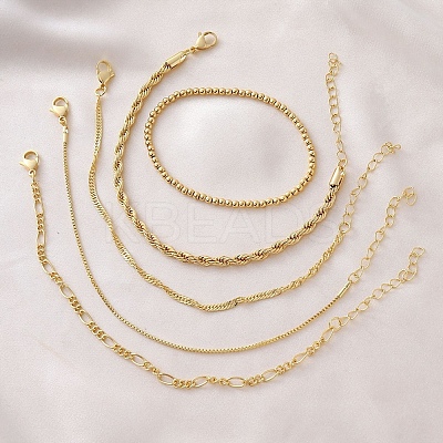 5Pcs 5 Styles Brass Chain Bracelets & Stretch Bracelets Set for Women BJEW-D357-03G-1