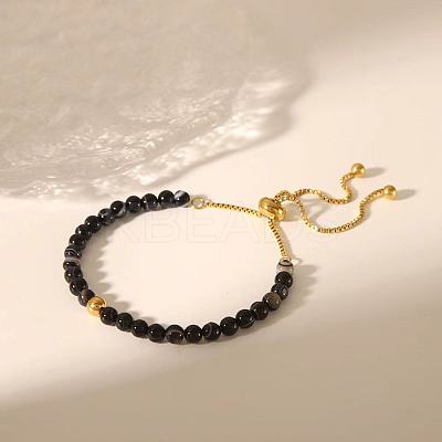Adjustable Natural Round Black Agate Beads Slider Bracelets LF2079-1-1