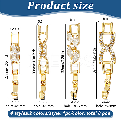 8Pcs 4 Styles Brass Pave Clear Cubic Zirconia Watch Band Clasps KK-OC0001-46G-1