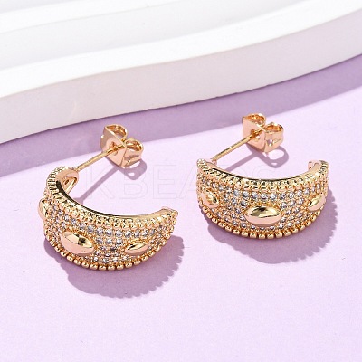 Brass Micro Pave Clear Cubic Zirconia C-Shaped with Oval Stud Earrings EJEW-B153-17G-01-1