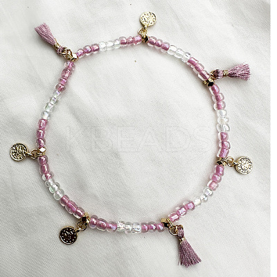 Bohemian Style Alloy Coin Charm Tassel Plastic Seed Beaded Stretch Anklets FS-WGB8A48-19-1