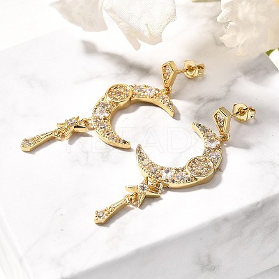 Moon Brass Micro Pave Clear Cubic Zirconia Dangle Stud Earrings EJEW-C126-10G-1