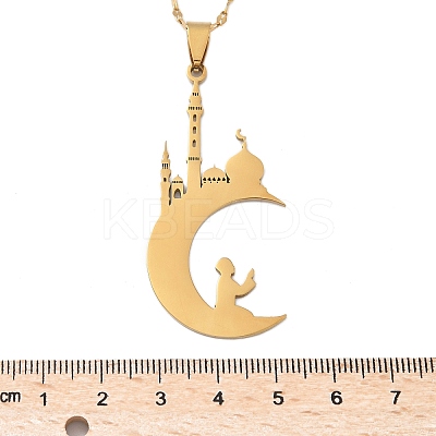 201 Stainless Steel Hollow Moon with Castle and Prayer Pendant Necklaces for Ramadan & Eid Mubarak NJEW-D318-05G-1