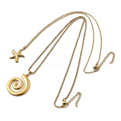 2Pcs 2 Styles 304 Stainless Steel Starfish Spiral Shell Shape Pendant Necklaces for Women NJEW-F358-01G-1
