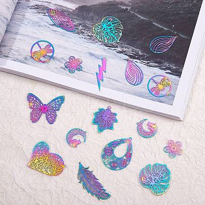 24Pcs 12 Style 201 Stainless Steel Filigree Pendants STAS-SZ0001-78-1