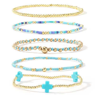 5Pcs 5 Styles Brass & Resin Beads Stretch Bracelets FP8271-6-1