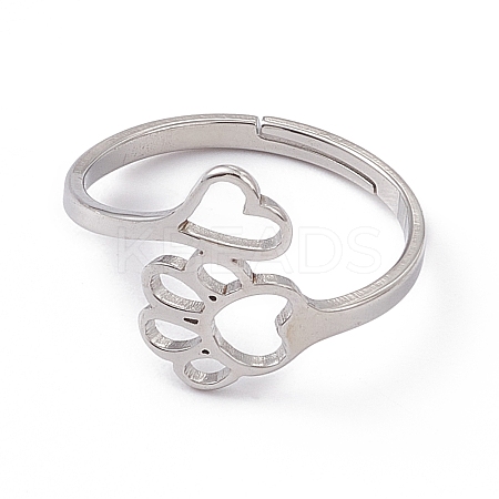 Non-Tarnish 201 Stainless Steel Heart & Dog Paw Prints Adjustable Ring for Women RJEW-K238-09P-1