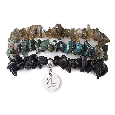 3Pcs 3 Styles Natural Labradorite & Obsidian & Moss Agate  Chips Stretch Bracelets Sets BJEW-JB11076-12-1