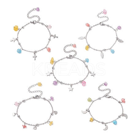 Synthetic Crackle Quartz Chips & 304 Stainless Steel Charm Bracelet for Women BJEW-JB09331-1